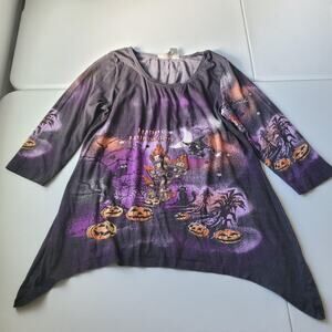 Vintage Halloween Tunic Shirt Womens Large Purple Halloween Hanky Hem Graphic
